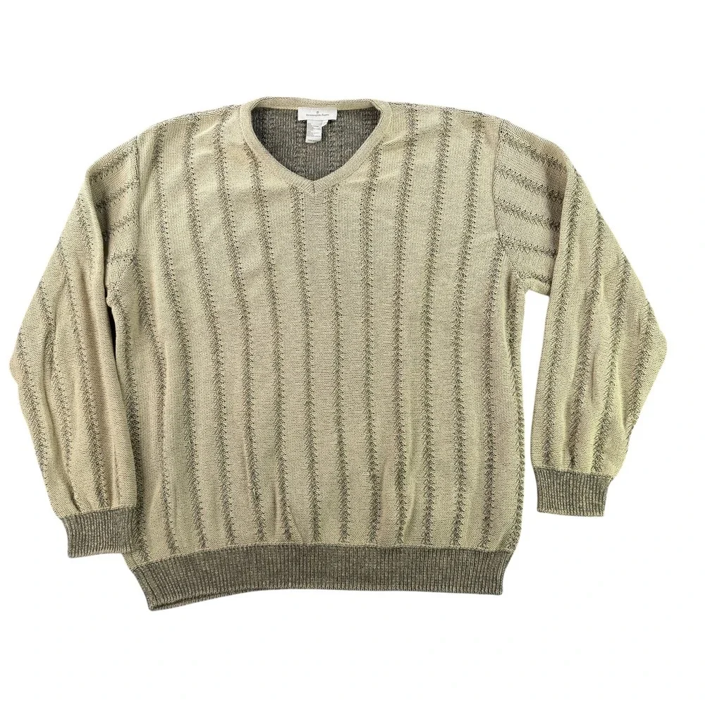 Ermenegildo Zegna Sweater Mens XL Beige Vertical Stripe Textured V-Neck Italy